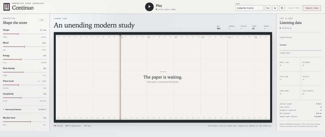 Continuo controls, player-piano roll, and listening data