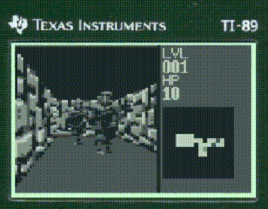 Descend running on a TI-89 with a textured dungeon, enemy sprite, and minimap