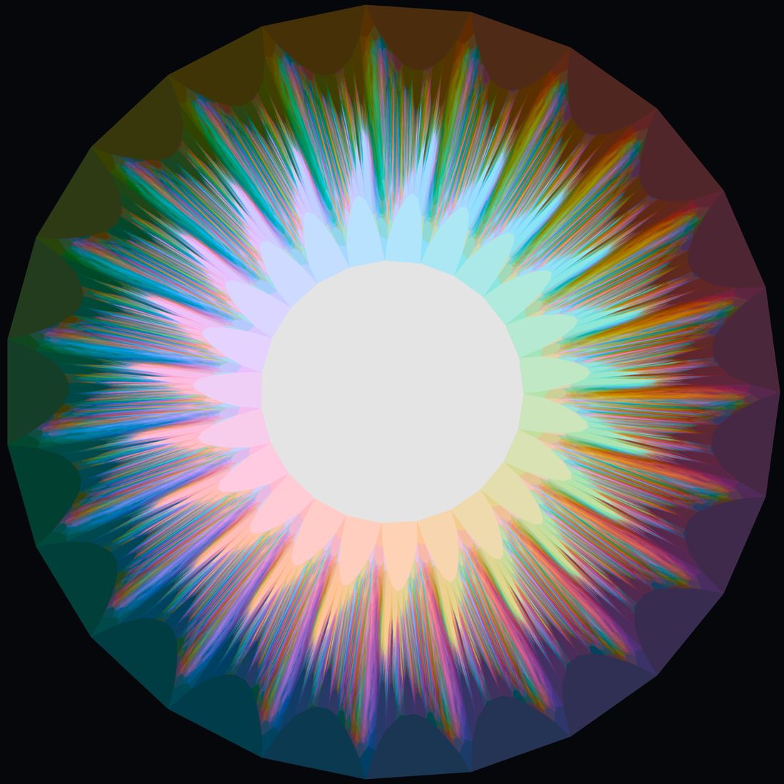 The 23-curve Venn diagram, colored by which curves contain each point